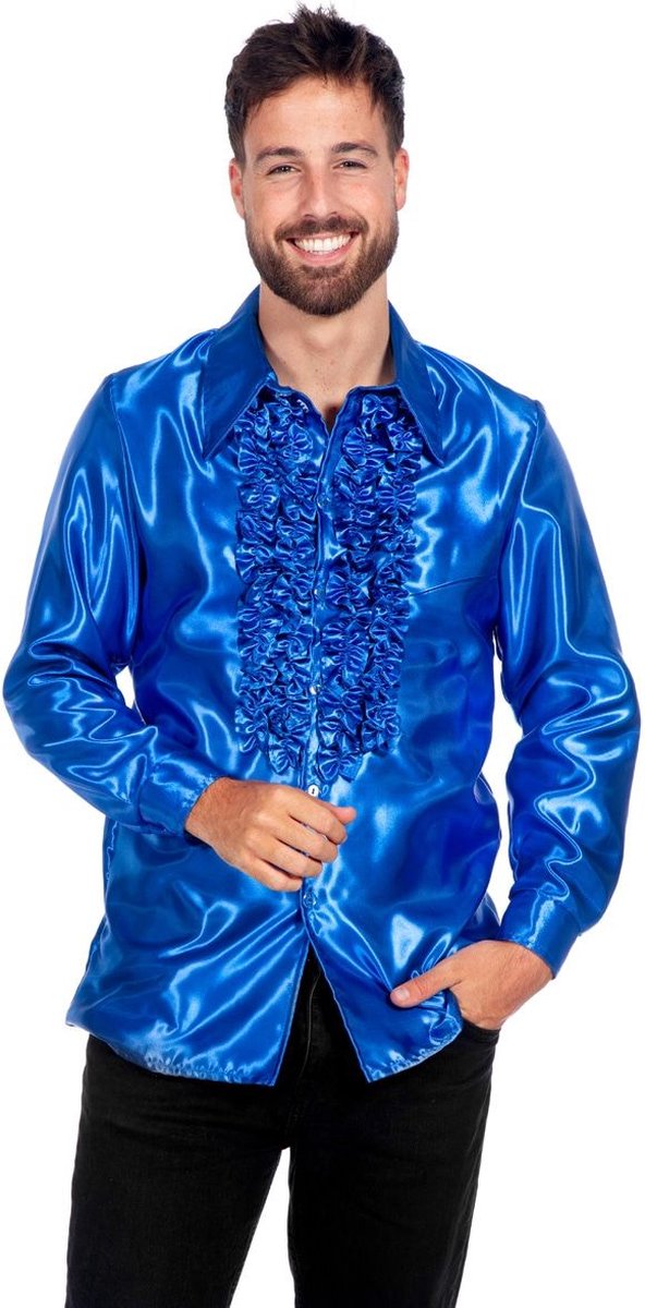 Jaren 80 & 90 Kostuum | Blauwe Ruchesblouse Satijn Foute Disco | Maat 64 | Carnaval kostuum | Verkleedkleding